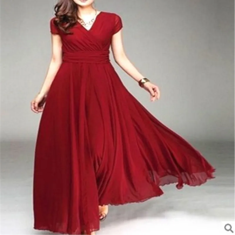 A34 V-neck short-sleeved chiffon waist dress evening dress