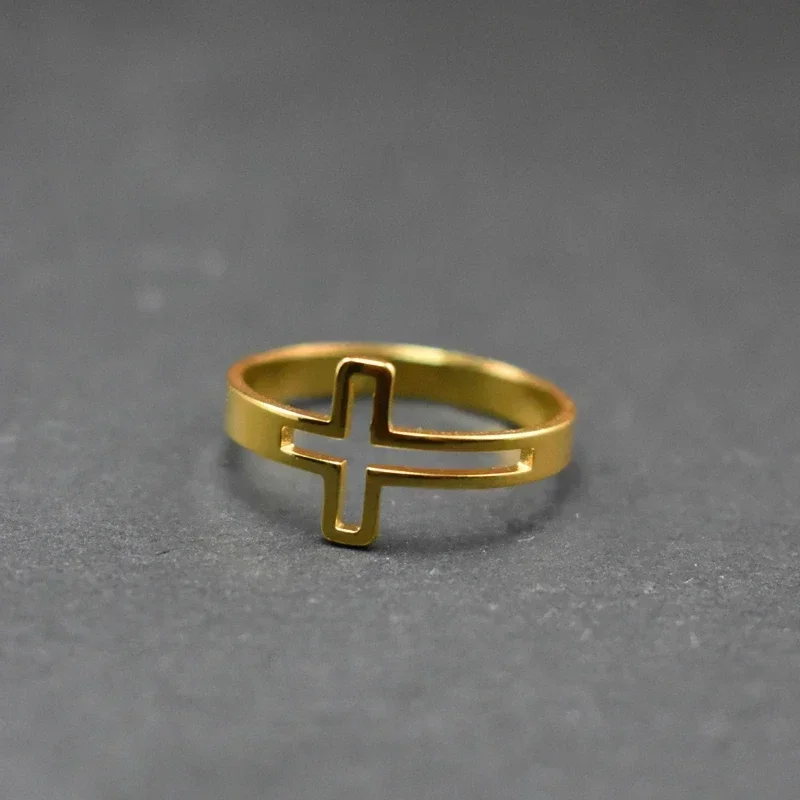 Christian Christ Jesus Cross Ring Stainless Steel Gold Color Lord Prayer Catholic Rosary Church Rings Jewelry Anillo Open Size
