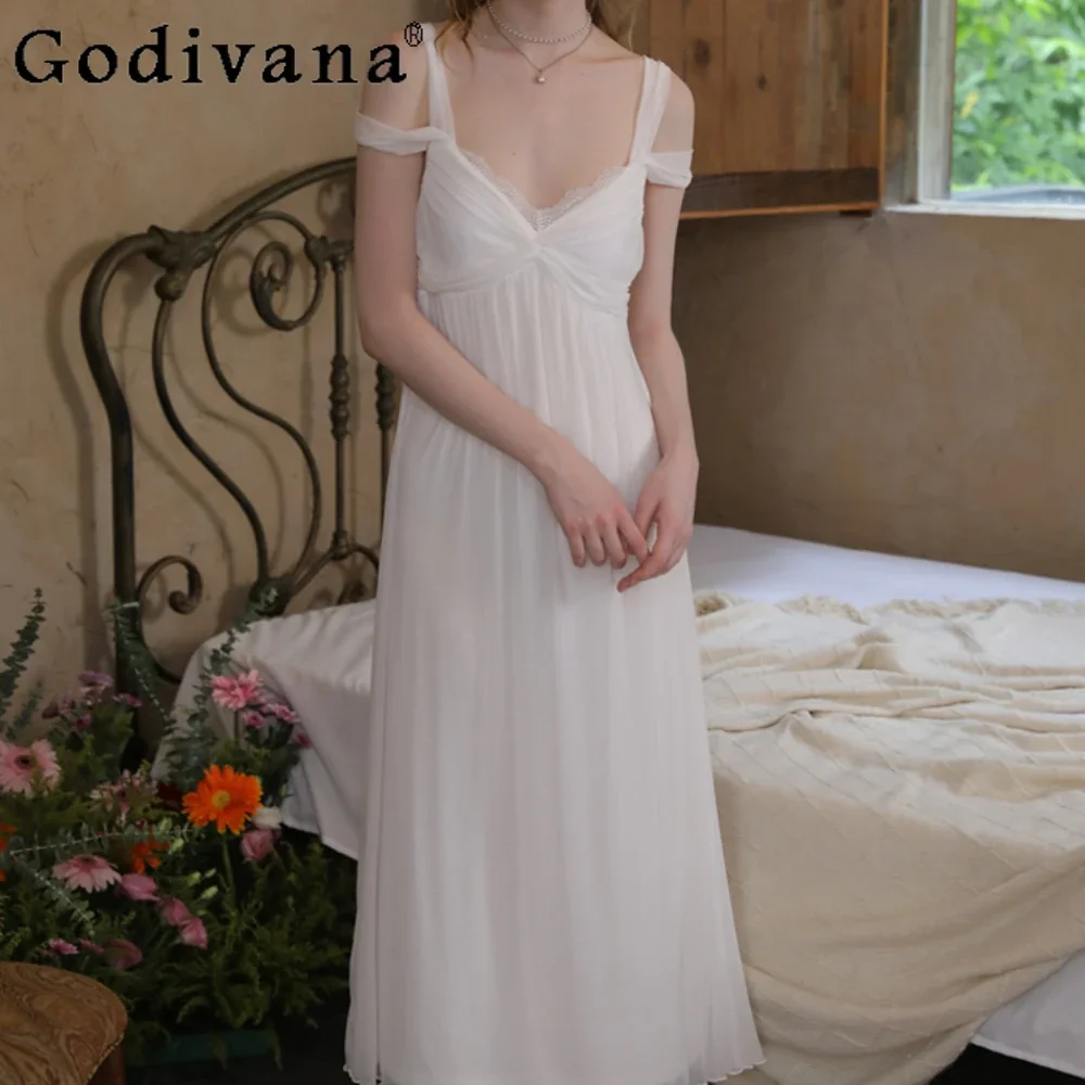 Court Style Suspender V-neck Lace White Nightwear Summer Women's Chest Pad Sexy Thin Tulle Robe/Nightdress Ladies Princess