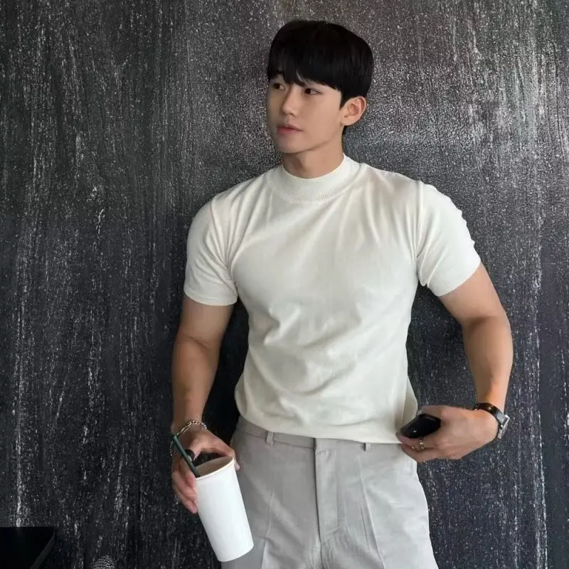 Summer Solid Slim Breathable Short Sleeve Knit T-Shirt Men's Business Casual Top