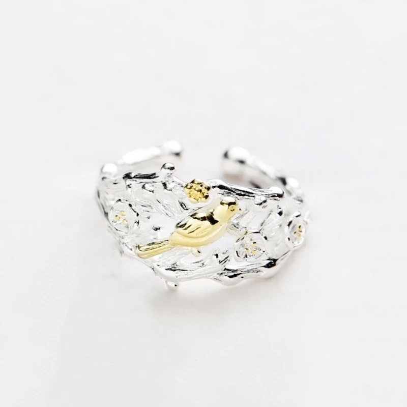 Literary Wide Face Bird Branch 925 Sterling Silver Temperament Sweet Female Resizable Opening Rings RI136