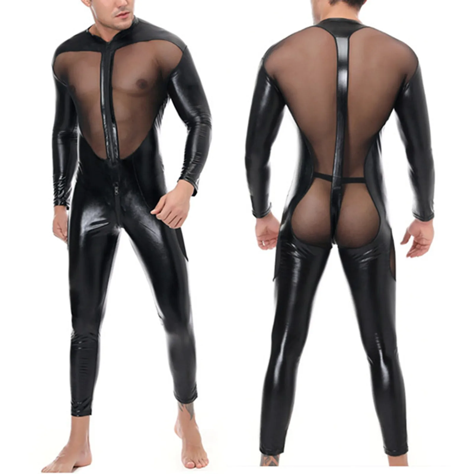 

Lace Men Sexy Zipper Tight Mesh Patchwork Jumpsuit Bundy Suit Sexy Clothing Surprise Its Meat