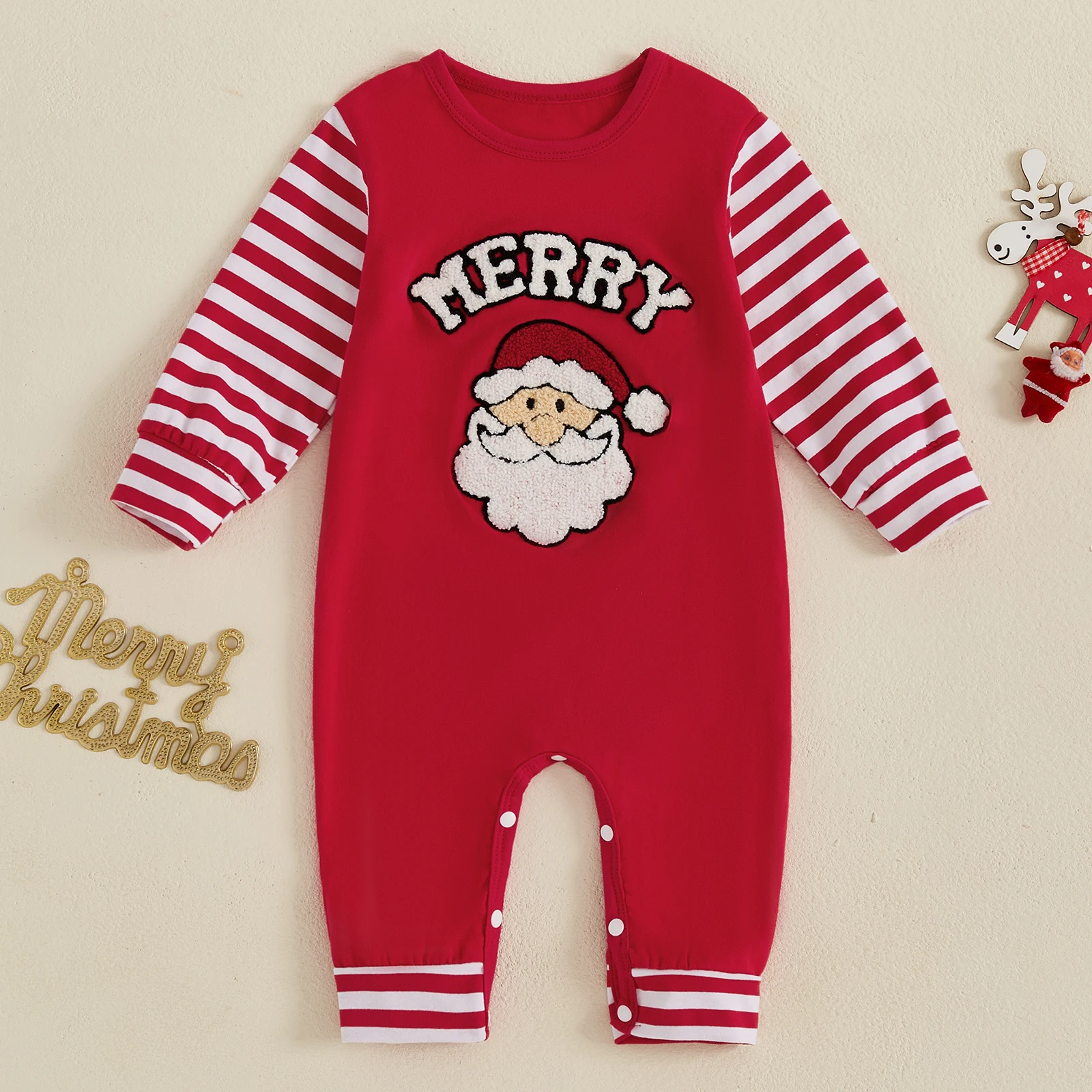 

0-18 Months Baby Christmas Jumpsuit Santa Embroidery Long Sleeve Round Neck Romper for Newborn Boy Girl Fall Clothing