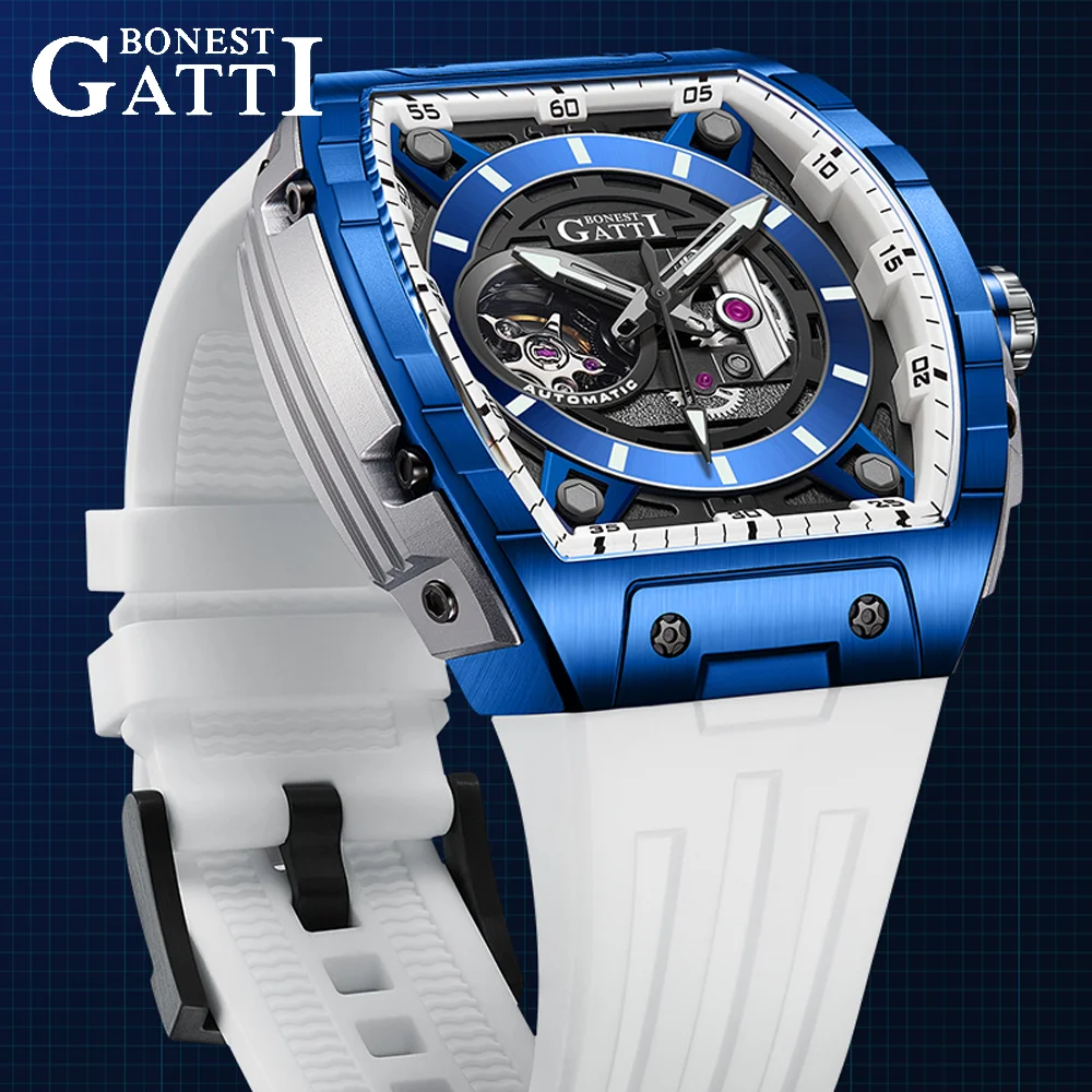 

BONEST GATTI Tonneau Роскошные механические часы с автоматическим механизмом Резиновый ремешок с сапфировым стеклом Светящаяся нержавеющая сталь Немецкое ремесло