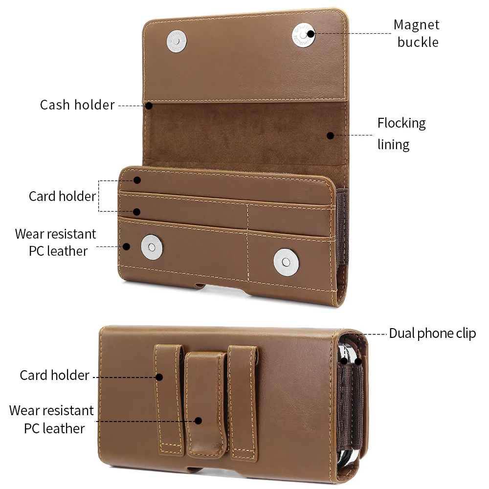 Universal Horizontal PU Leather Phone Pouch with Belt Clip Holster - Waist Bag for Cell Phones Dual Case Holder For iPhone 17 view 4