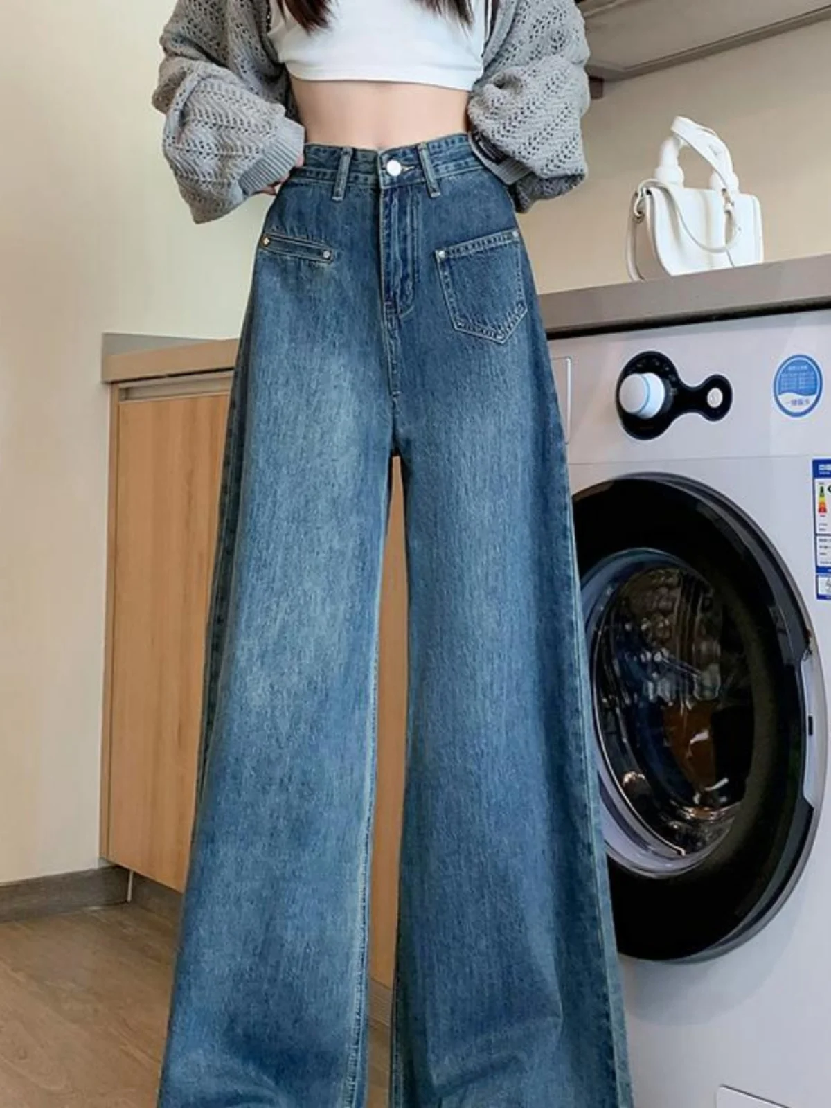 

Джинсы с потертым подолом в стиле ретро, женские свободные драпированные джинсы с высокой талией, широкие длинные брюки, дизайн Sensation, большие размеры, толстые мм