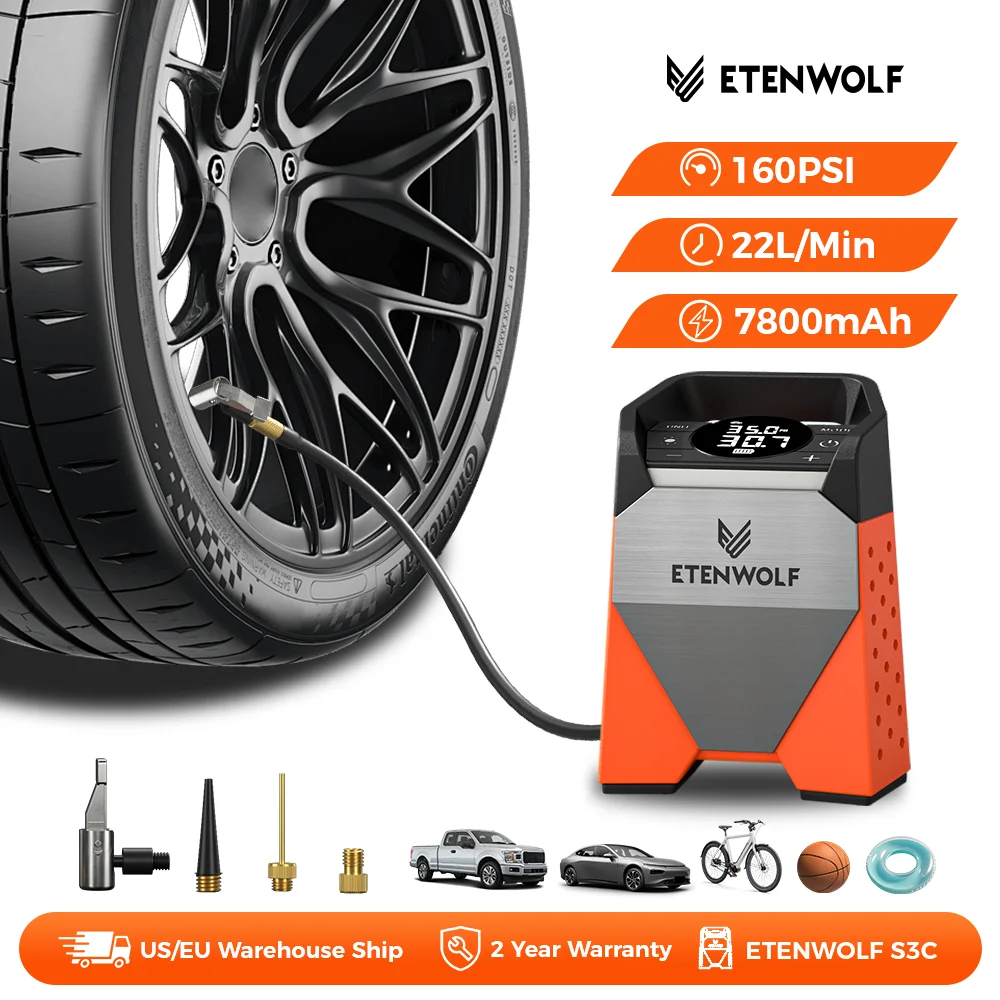 Image of ETENWOLF S3C Reifenfüller Tragbarer Luftkompressor, Schnelle Aufpumpung und 100% Betriebszyklus, 160 PSI Luftpumpe für Autos, Fahrräder, Bälle