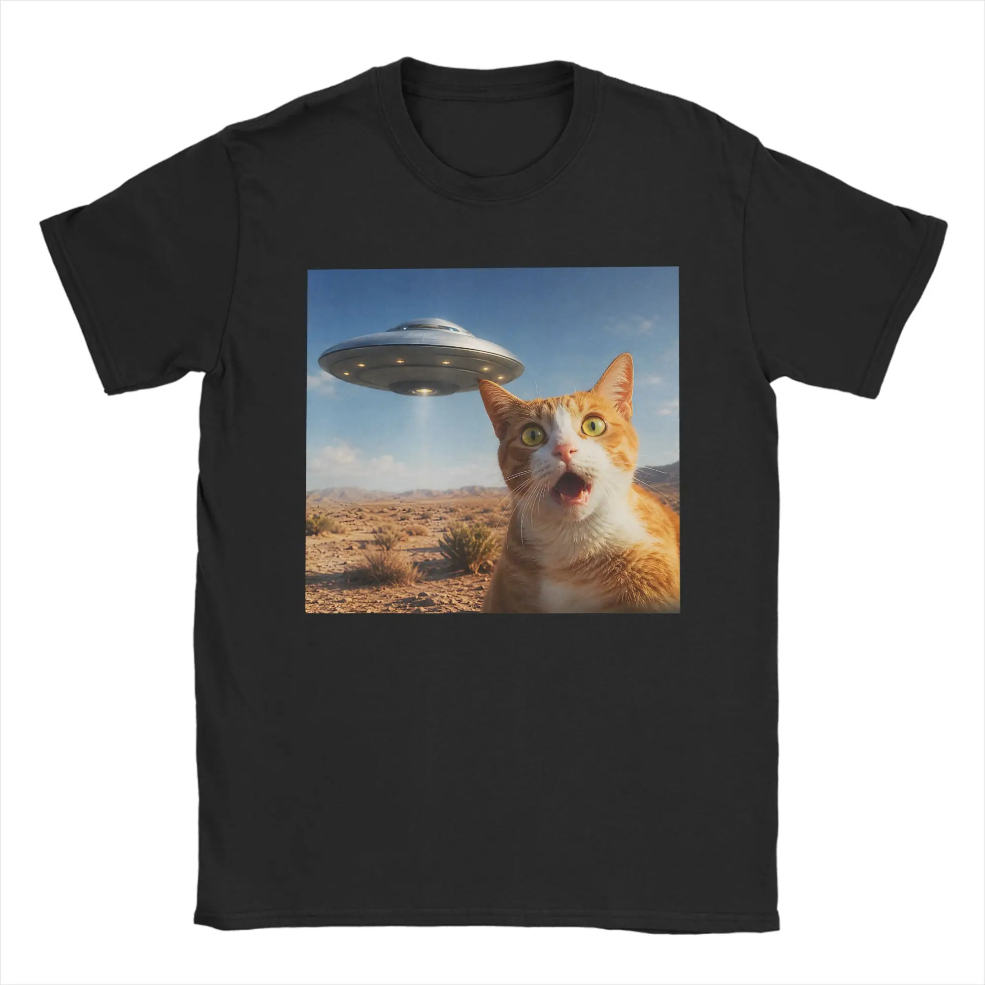 Funny Shocked Cat UFO Desert Alien Encounter T-Shirts for Men  100% Cotton Tees O Neck Short Sleeve T Shirts Plus Size Clothes