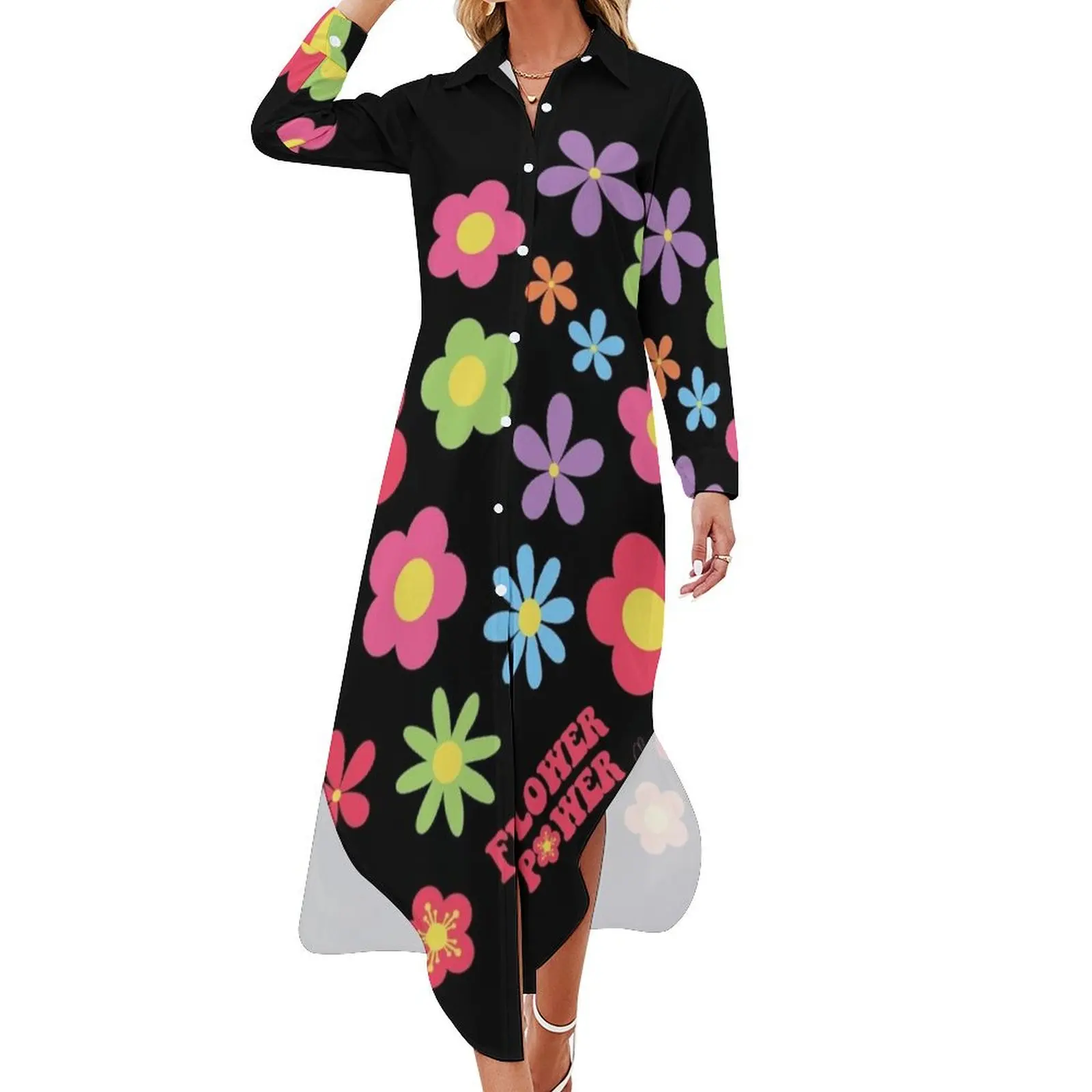 

Colorful Flower Power Joyful Flowers Long Sleeved Shirt Dress summer outfits for women 2024 loose summer dress