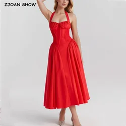 2024 CHIC Red Corset Style Bow Halter Dress Spliced Lace Drawstring Rope Chest Pleated Slim Low Waist Folded Swing Midi Robe