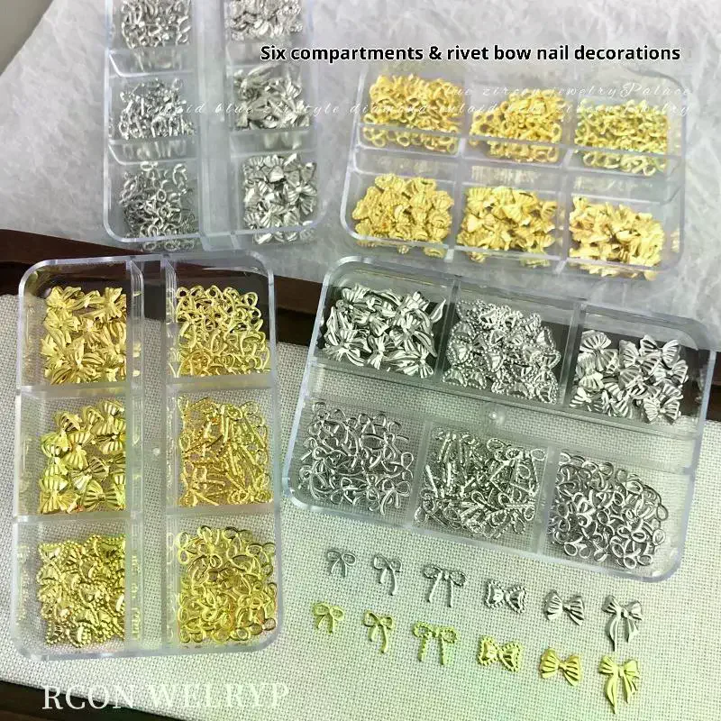 6 rejillas de lazo de Metal para uñas, hoja fina de lentejuelas, diamantes de imitación, decoración artística de uñas dorada y plateada para manicura DIY