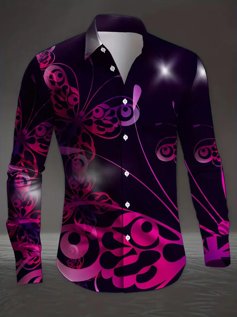 New men's fashionable 3D fruit printed shirt with casual long sleeves and flower button design, fashionable shirt top