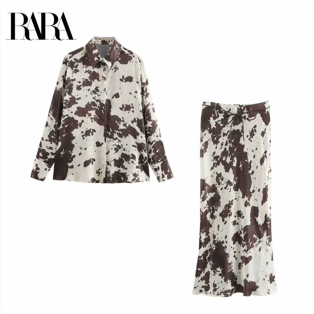 

2025 RARA women's lapel long-sleeved loose printed shirt + belted high-waisted printed skirt suit spring new products