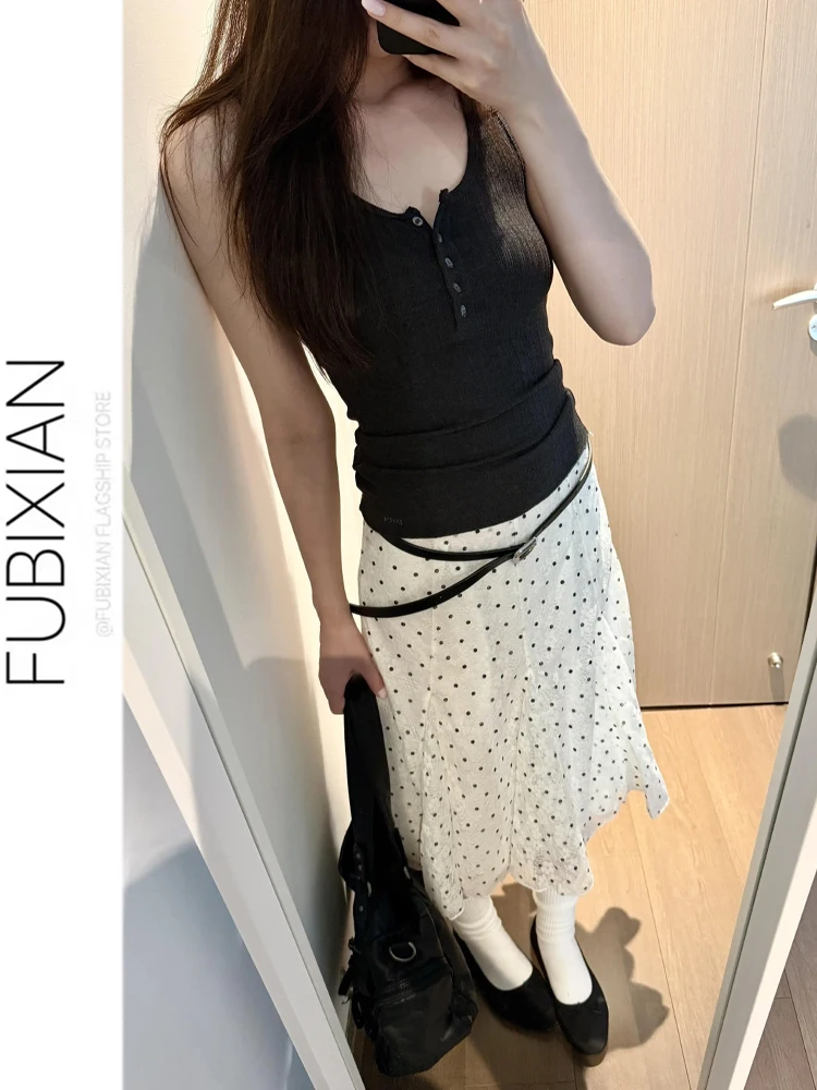 

Korean Style High Waist A-Line Skirt Summer New Polka Dot Lace Flared Skirt Slimming Midi Skirt for Girls Students
