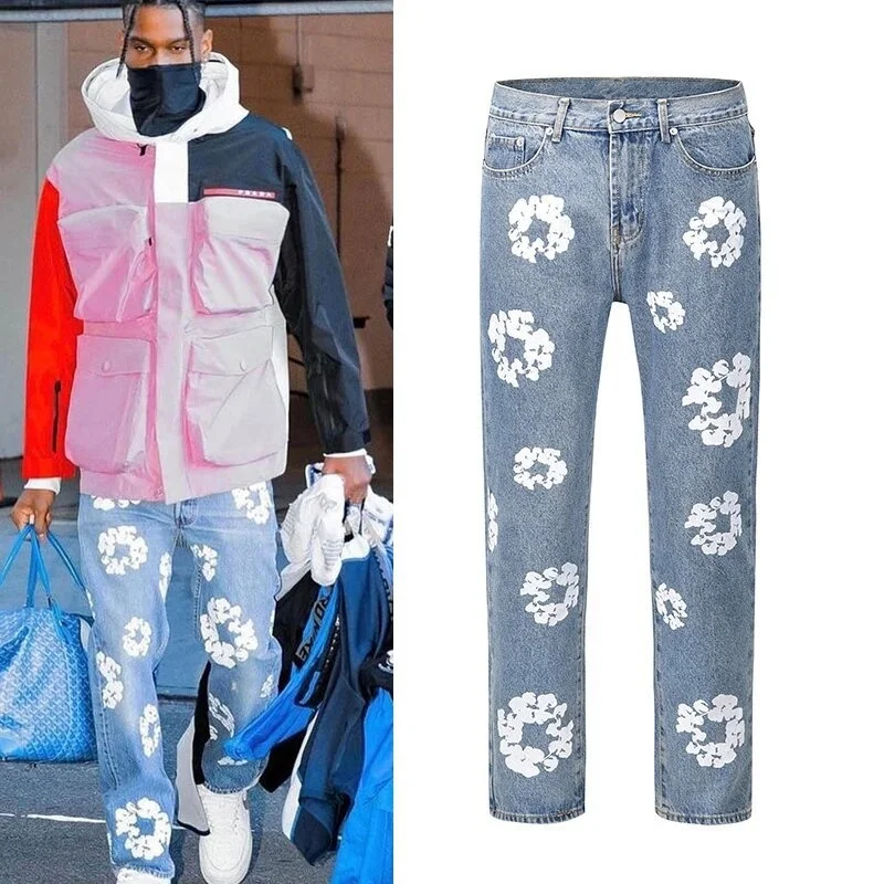 Man Fashion Flower Printed Jeans 2024 Autumn Ins Washed Denim Pants With Pocket Male High Street Button Waist Denim Trousers