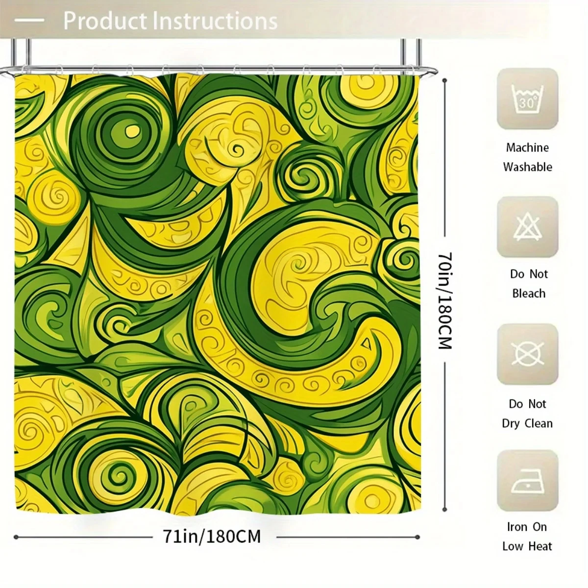 4pcs  Vibrant Swirl Pattern Shower Curtain & Non-Slip Bath Mat Set - Green & Yellow Abstract Design, Polyester, Machine Washa