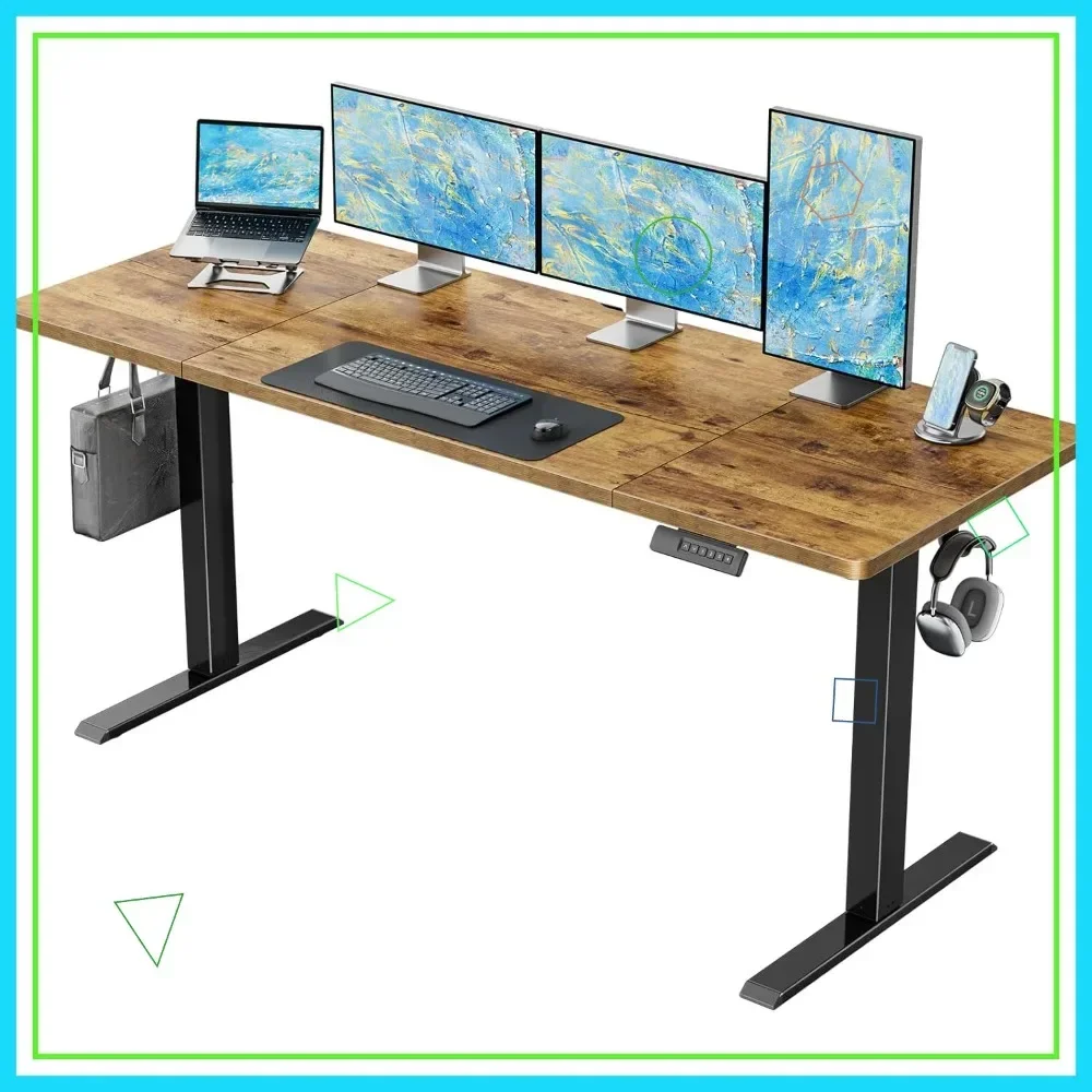 

Электрический регулируемый по высоте стол 63 x 24 дюйма с крючками для наушников и органайзером для кабелей для домашнего офиса, винтажный коричневый цвет