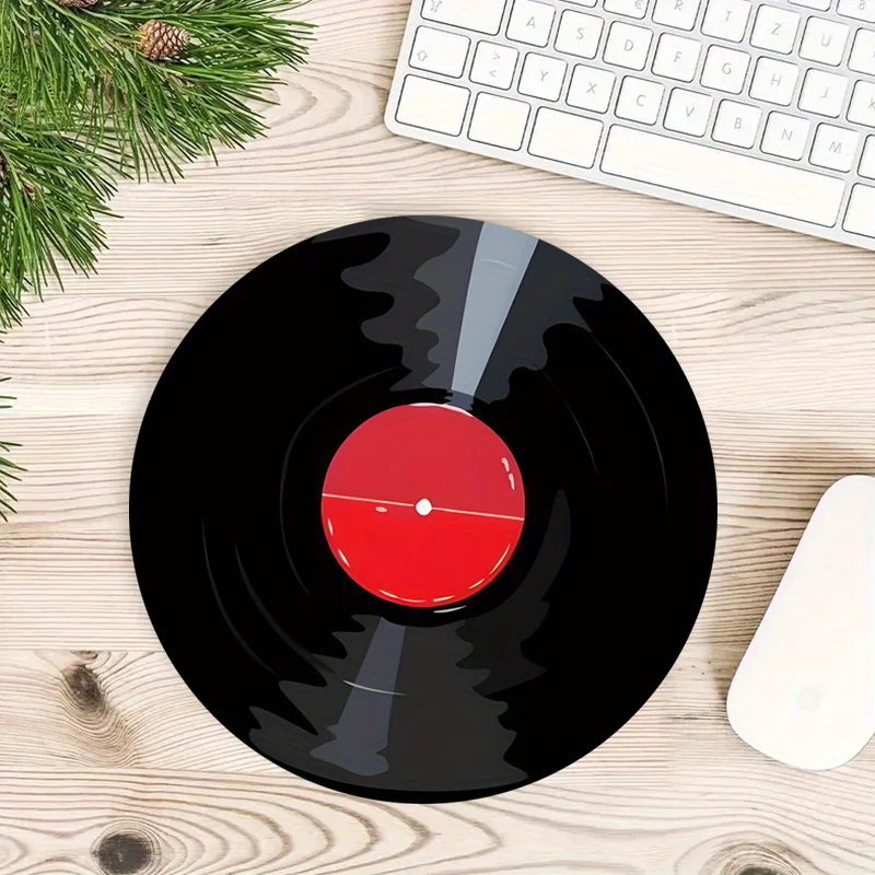 

Circular vinyl record design mousepad with anti-slip rubber base and sewn edges is suitable for gaming office use as a washable