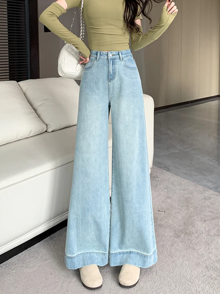 

Light Blue High Waist Wide Leg Jeans Women's Spring Autumn Straight Loose Slimming Floor-Length Micro-flared Pants
