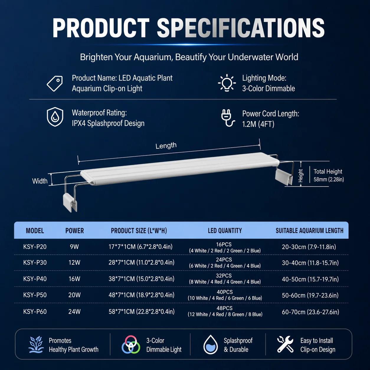 220V LED Aquarium Plant Light RGBW Clip-on Fish Tank Lamp 3 Modes 10000K Aquarium Light for 16-70cm Tanks - view 4