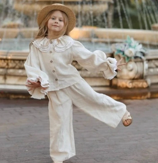 

Новинка 2026 года: Весенний корейский детский комплект для девочек — кружевная блузка с длинным рукавом и брюки, комплект из двух предметов