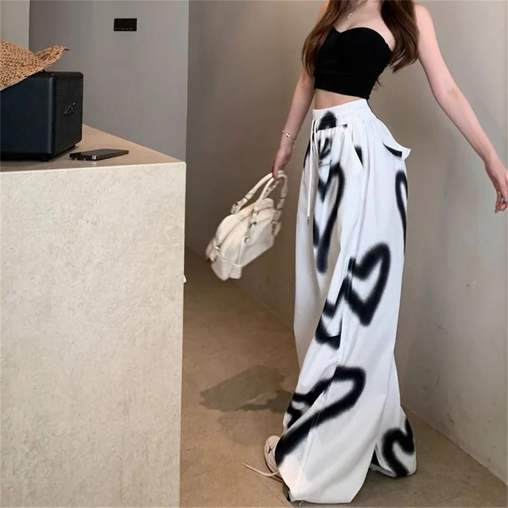 High Waist American Pants Hip Hop Love Graffiti Women Casual Oversized Pants Y2k Autumn Fashion Elastic Versatile Loose Trousers