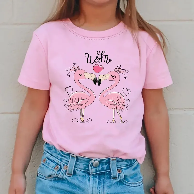 Girls' Cartoon Flamingo Print Short Sleeve T-shirt Casual Summer Dress Kids Clothes