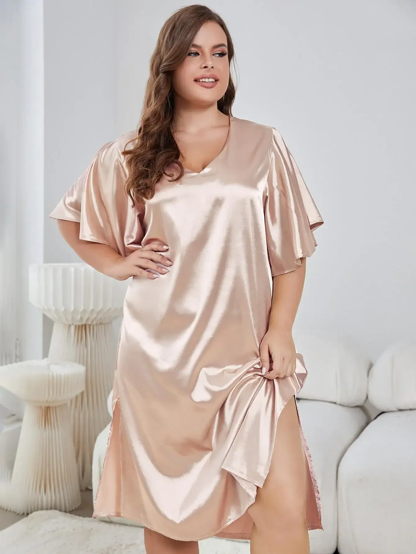 Vestidos de dormir de talla grande con cuello en V para mujer, pijama con volantes, mangas cortas, ropa de casa con abertura lateral, ropa de dormir femenina