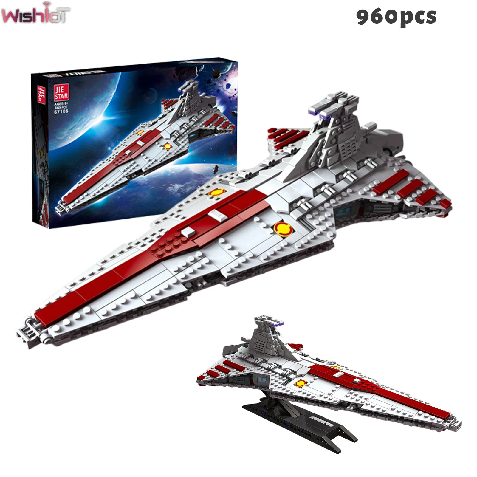 

960 шт., космический линкор, строительные блоки, звездный корабль, модель обороны с подставкой, наборы кирпичей MOC, декор для стола для мальчиков, игрушка, подарок на день рождения