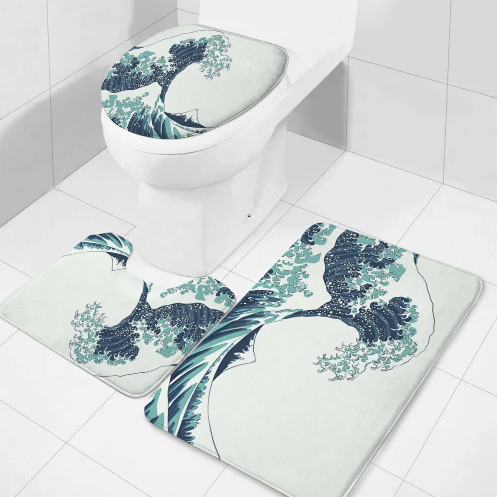 

3 Pieces Bathroom Rug Set (Toilet Mat,Carpet) The Great Wave off Kanagawa Durable Ultra Soft Non-Slip Washable Absorbent