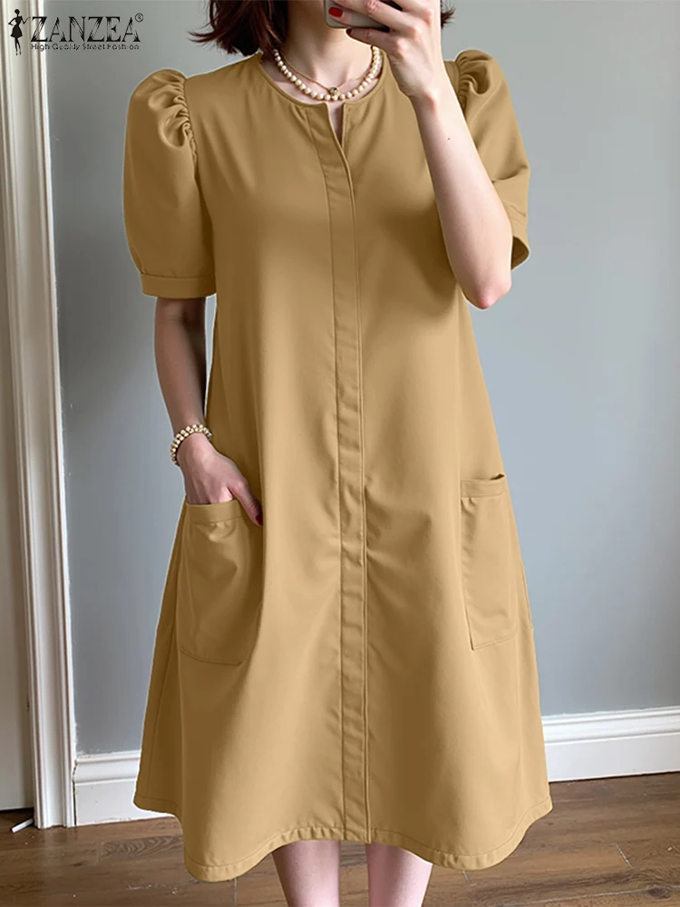 2025 zanzea elegante puff manga sólida vestidos de trabalho feminino vestido de verão elegante sólido festa vestidos com decote em v midi férias vestido de verão
