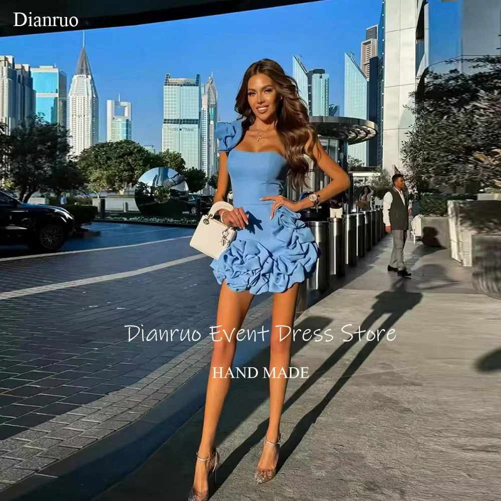 

Dianruo Blue Satin Prom Dresses Mini One Shoulder Fitted Graduation Party Dresses A Line Ruffled Dresses 2025 Woman Customized