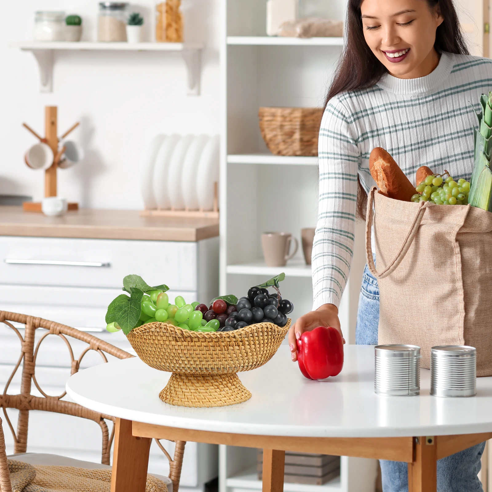 

Woven Fruit Basket Natural Rattan Bread Snack Holder Round Shape Dried Fruit Basket Small Sundries Bin Key Bowl For