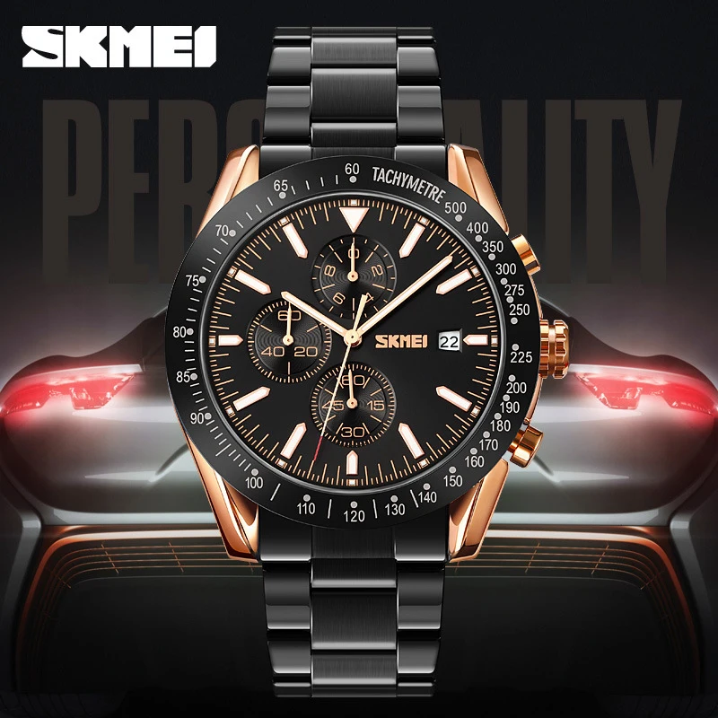 

SKMEI stylish multifunctional 3D dial, men's business watch, men's waterproof steel band quartz watch