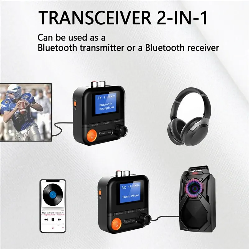 2 In 1 Bluetooth 5.2 Audio Transmitter Receiver 5 EQ Modes 3.5mm AUX RCA Jack Stereo Wireless Adapter for TV PC Car Kit Speaker