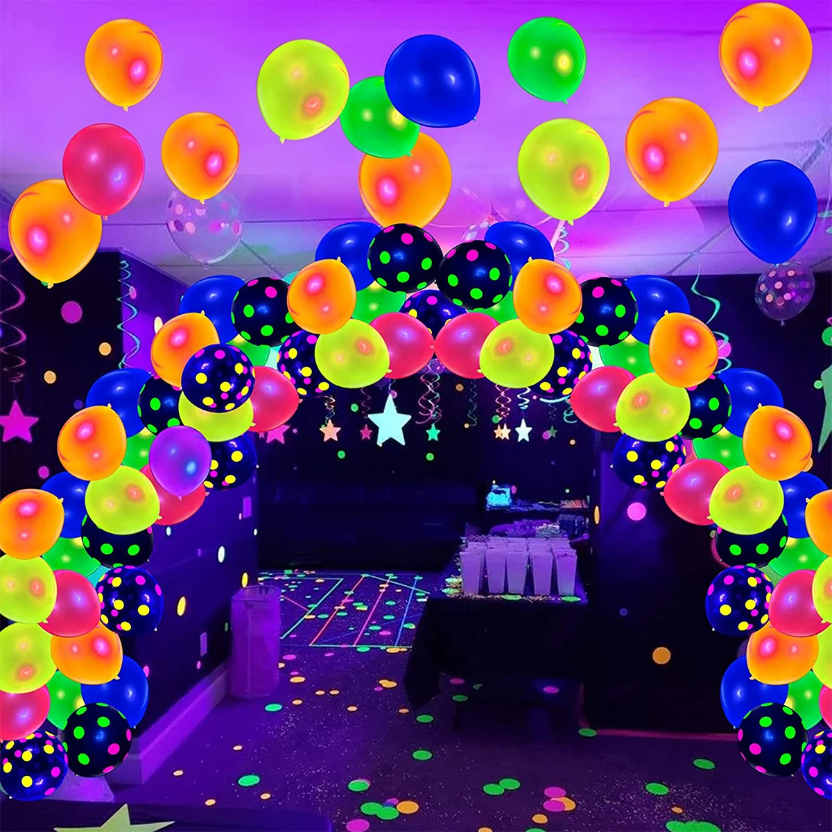 90Pcs Neon Balloons 12'' UV Black Light Reactive Balloons Reusable Polka Dot Fluorescent Balloons for Birthday Wedding Party