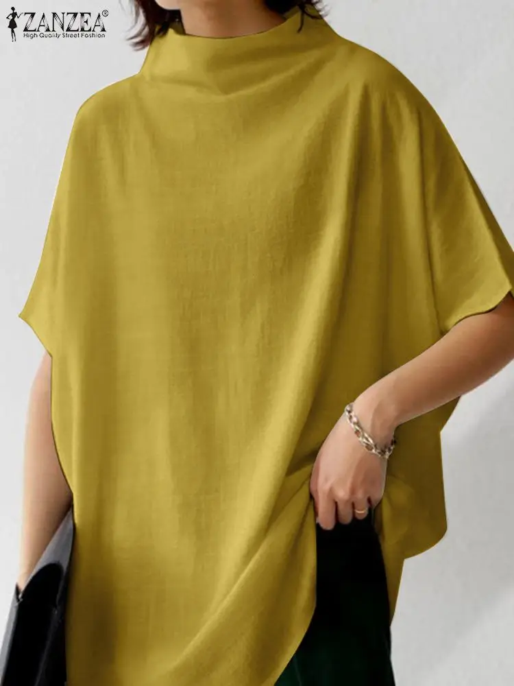 

2023 ZANZEA Spring Turtleneck Half Sleeve Blouse Elegant OL Work Shirt Fashion Solid Loose Tops Oversize Casual Tunic Blusas