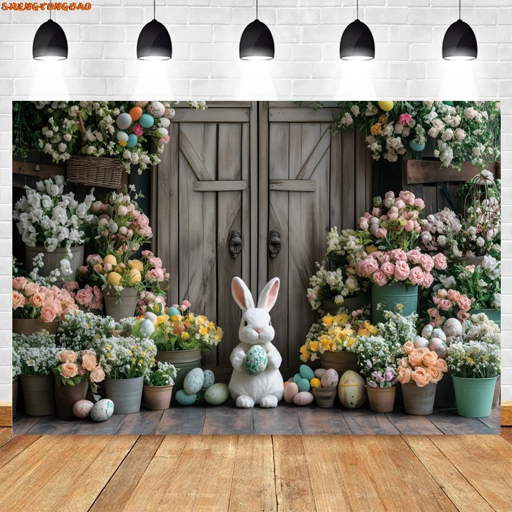 Пасхальный кролик деревянная дверь фон цветы яйца день рождения детский портрет семейная вечеринка фон для фотосъемки фотостудия