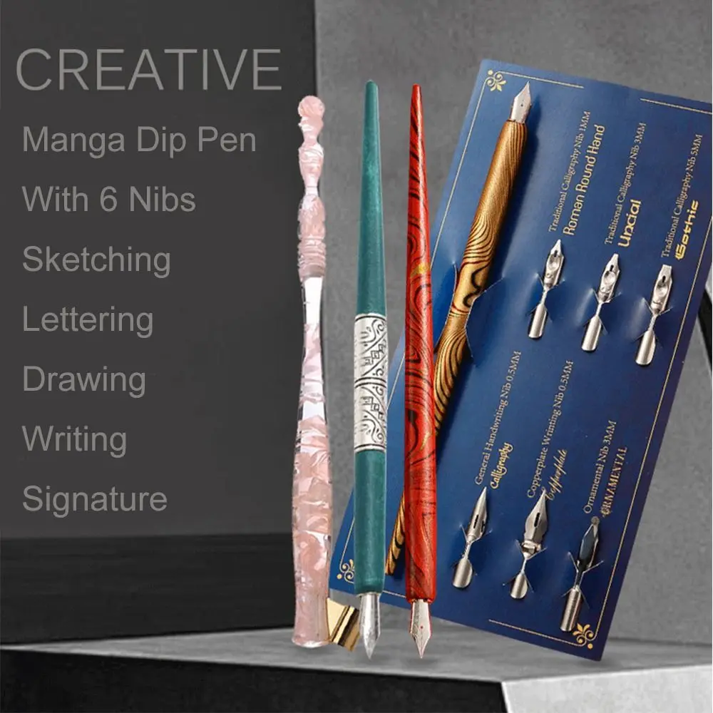 

Fountain Pens Manga Calligraphy Dip Pen+6 Nibs Sketching Signature Calligraphy Dip Pen Kit Drawing Lettering Comic Dip Pen