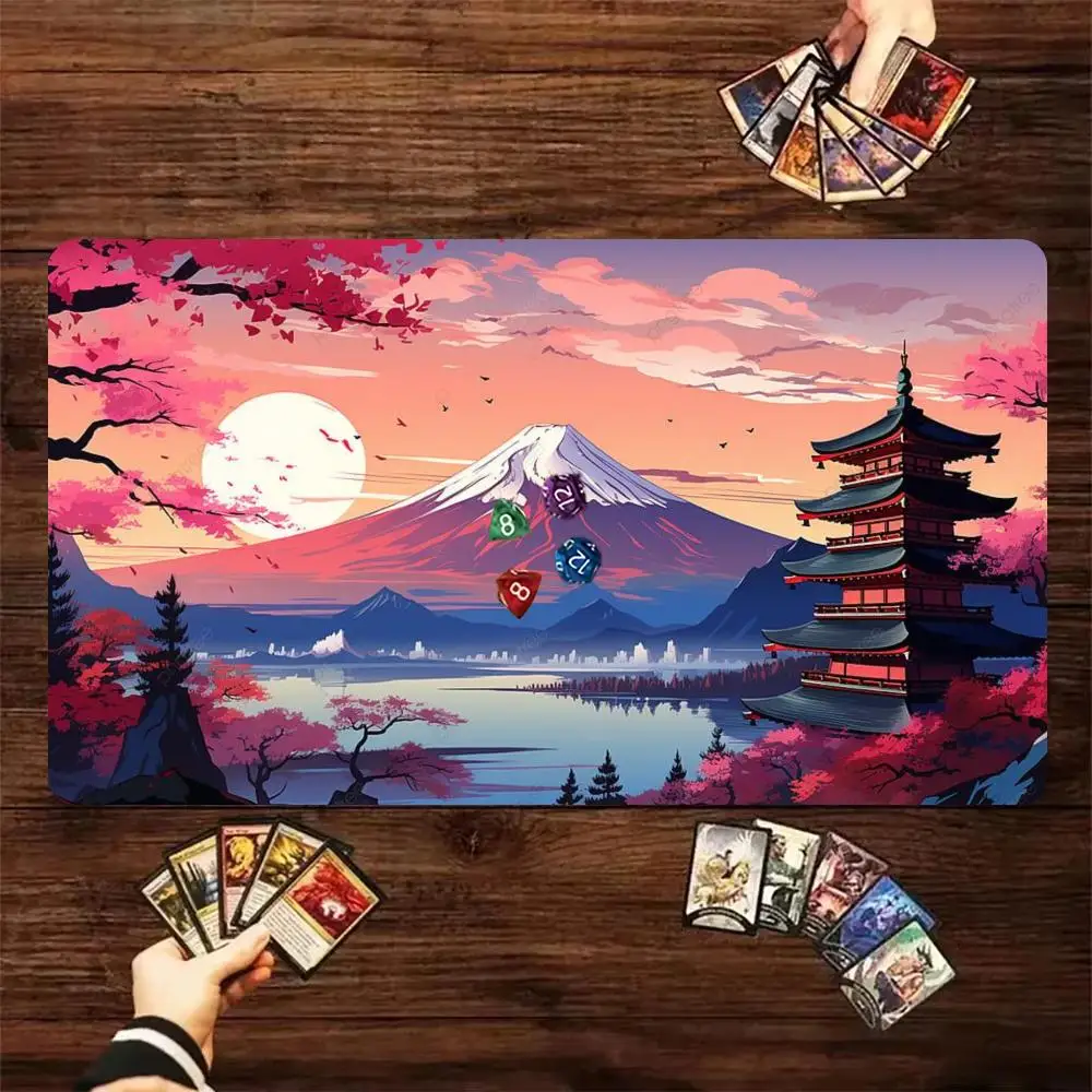 Mouse PadsOriental Cherry Blossom Mountain Pagoda Sunset Landscape Game Playmat, Non-Slip Rubber Base Tabletop Game Mat Desk Pad