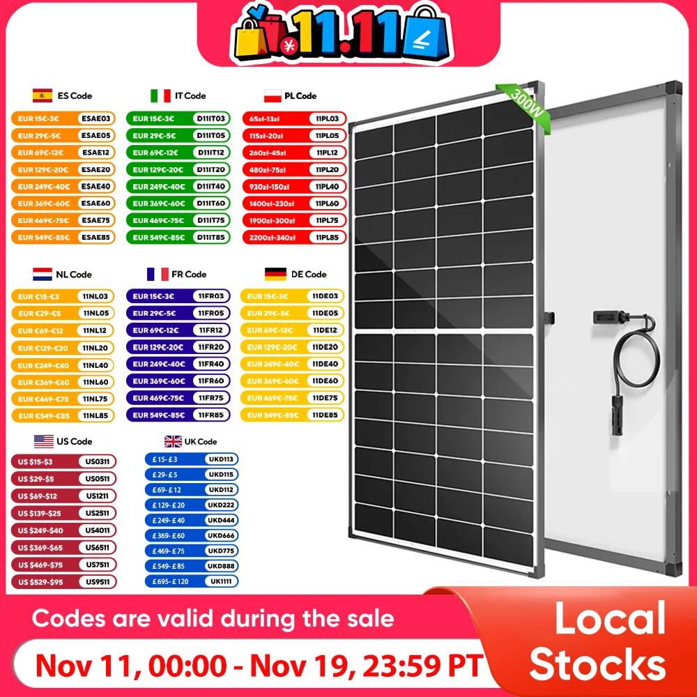 WERCHTAY 300W 10BB N-Type Solar Panel 25% Conversion Efficiency for Residential RV Roof Off Grid Solar Power Systems