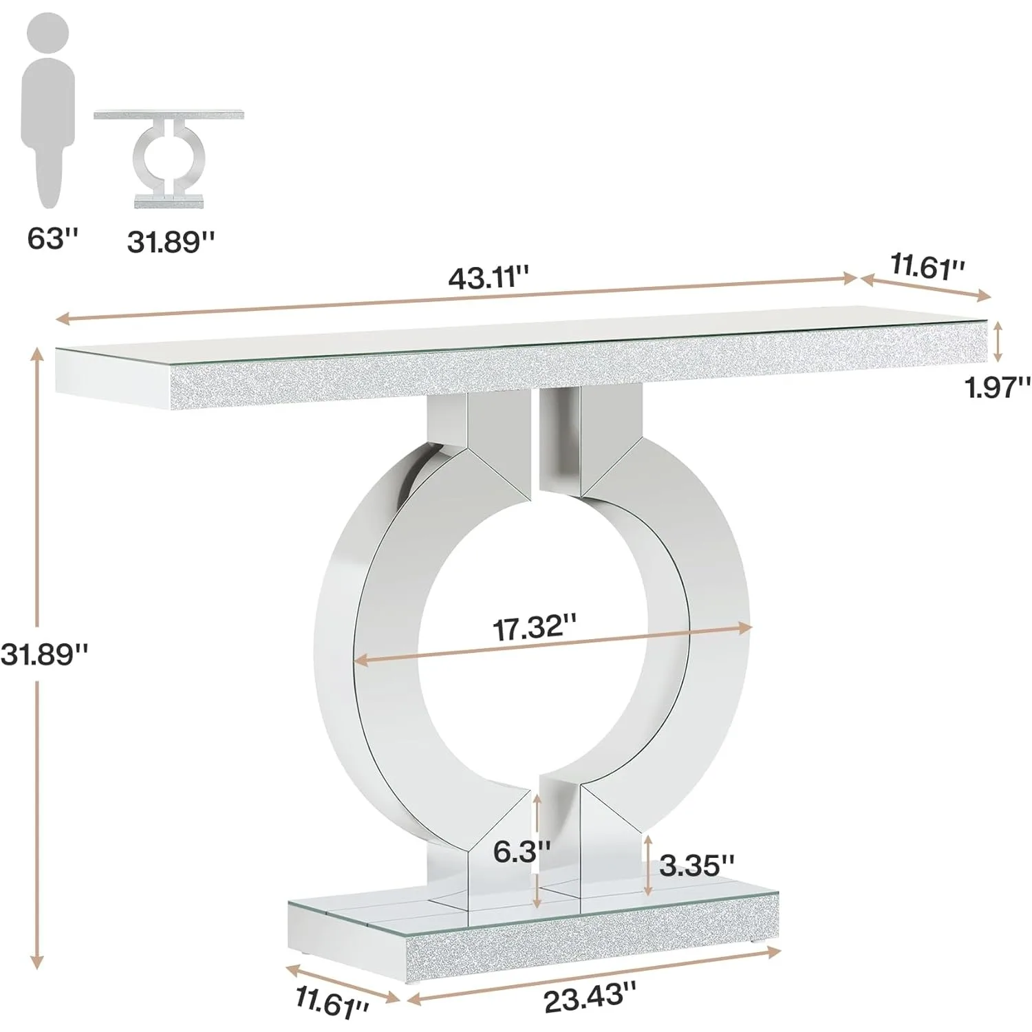 Mirrored Console Table with O-Shaped Base, Entryway Table Glass Sofa Table with Mirror Finish, Rectangle Accent Foyer Table image 2