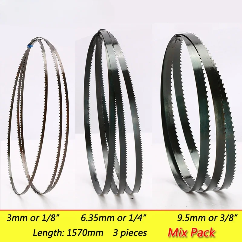 

3 Pieces 9" 1570mm Band Saw Blades. 1570*(3, 6.35, 9.5mm)*6/14Tpi Woodworking Saw Blade Cut Curve. Width 1/8" 1/4" 3/8" Mix Pack