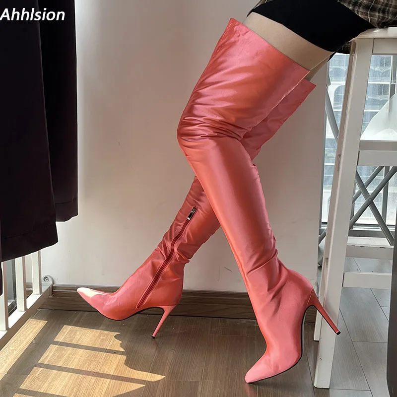 

Ahhlsion/женские зимние сапоги до бедра, атласная боковая молния, туфли на шпильке с острым носком, сказочные розовые, белые, синие туфли для вечеринок, размер США 5-15