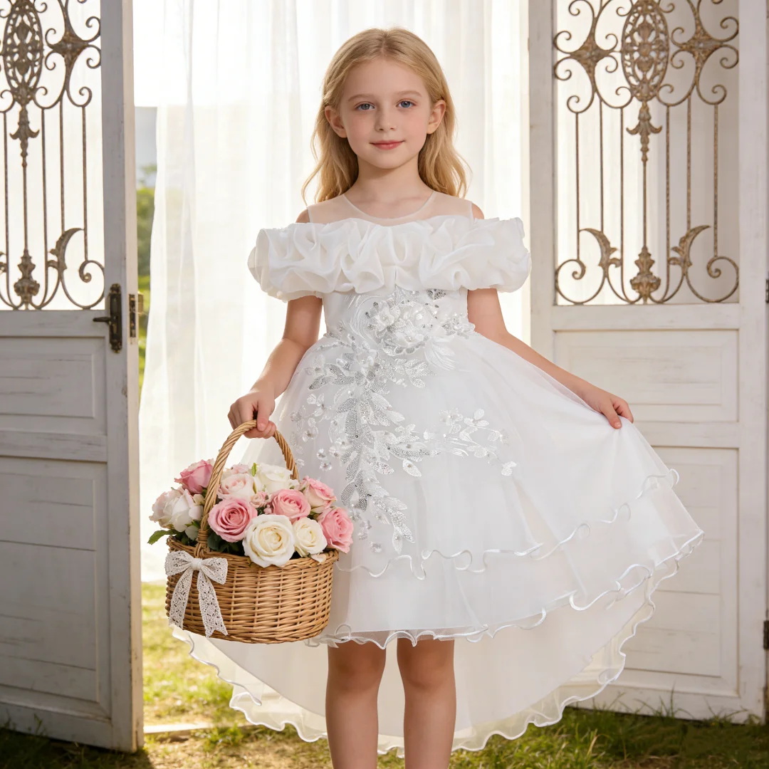 Hellblaues Tüll-Ballkleid-Partykleid für Kinder, geeignet für Geburtstagsfeier, Performance, Perlen-Mesh-Prinzessinnenkleid
