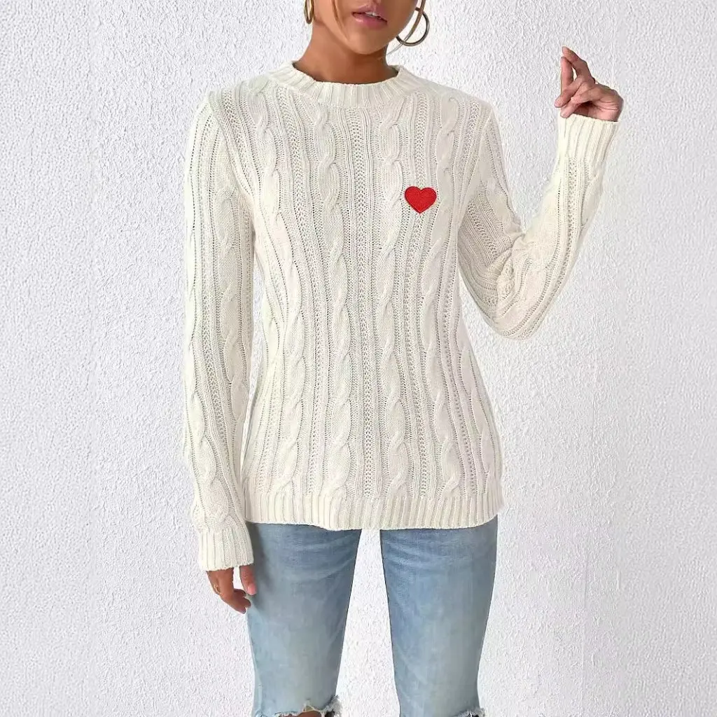 

Women's round Neck Pullover Knitted Sweater Heart Patch Detail European American Style Autumn Winter Base Shirt