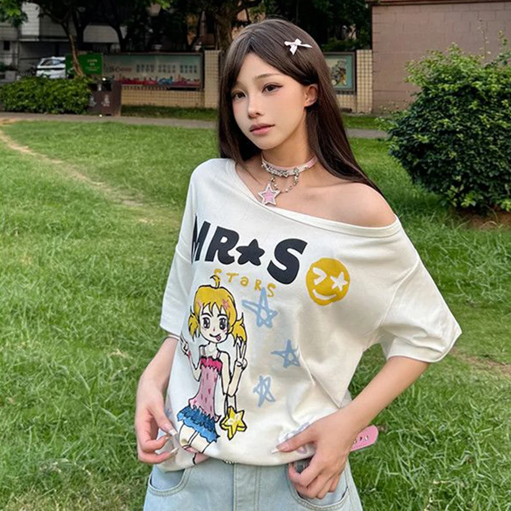 Hotweek Pattern T-shirt Cartoon Short Sleeve Summer Top Off Shoulder Printed T-shirt Women's 2000s Clothing Y2k T-shirt Unique view 6