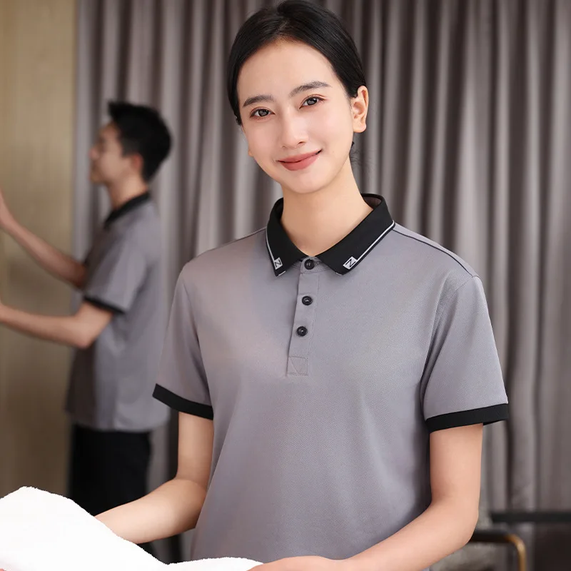 

Футболка для уборки собственности с отложным воротником, с коротким рукавом, легкая, супермаркет, хозяйство, уборка, спецодежда для тетушки,