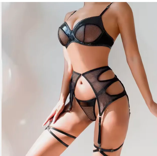 ًSex adult clothing sexy lingerie hot black leather see-through mesh lingerie set sexy lingerie new items