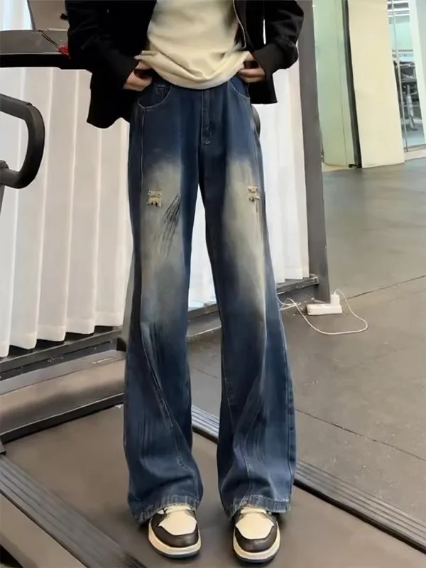 

American High Street Vibe Men's Fake Hole Denim Jeans Spring Design Waed Loose Straight Wide Leg Pants Casual Youth Faion